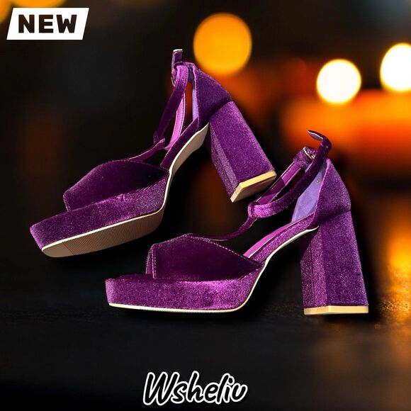 New Wsheliu Purple Velvet Platform Block Heel Sandals – Size 6 - Picture 1 of 10